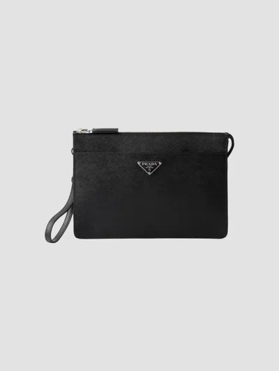 Prada Men's Saffiano Leather Pouch In Black