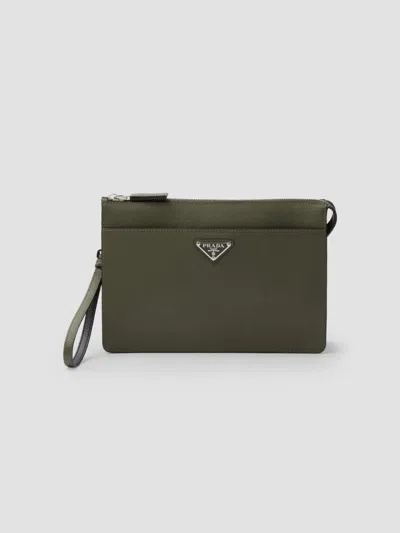 Prada Men's Saffiano Leather Pouch In Green
