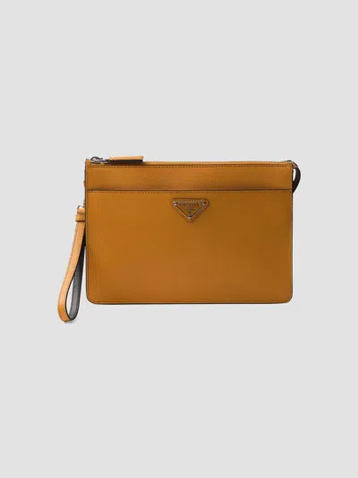 Prada Men's Saffiano Leather Pouch In Orange