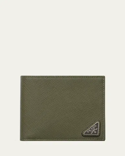 Prada Men's Saffiano Leather Triangle Logo Wallet In Green