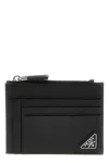 Prada Triangle Logo Saffiano Leather Zip Cardholder In Black