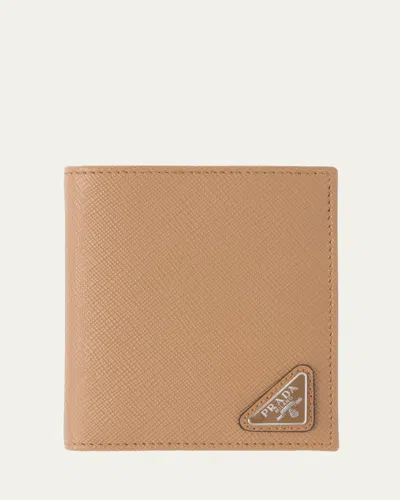 Prada Men's Saffiano Triangolo Billfold Wallet In Caramel