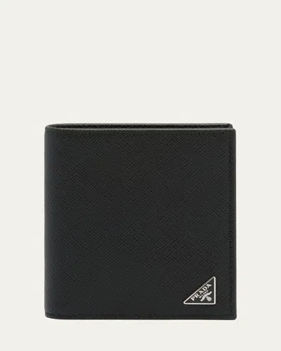 Prada Men's Saffiano Triangolo Billfold Wallet In F0002 Nero