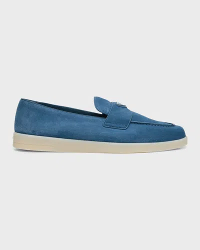 Prada Men's Saint Tropez Triangle Logo Suede Loafers In Blue