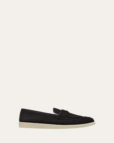PRADA MEN'S SAINT TROPEZ TRIANGLE LOGO SUEDE LOAFERS