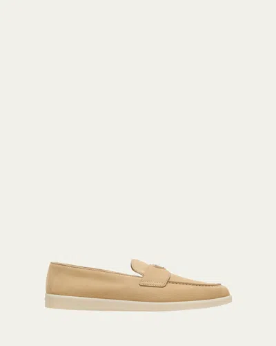 Prada Men's Saint Tropez Triangle Logo Suede Loafers In Tan