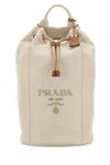 Prada Canvas Backpack With Eyelet Detailing And Top Handle In Neutral