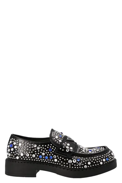 Prada Black Leather Loafers With Rhinestone Embellishments For Men In Nero