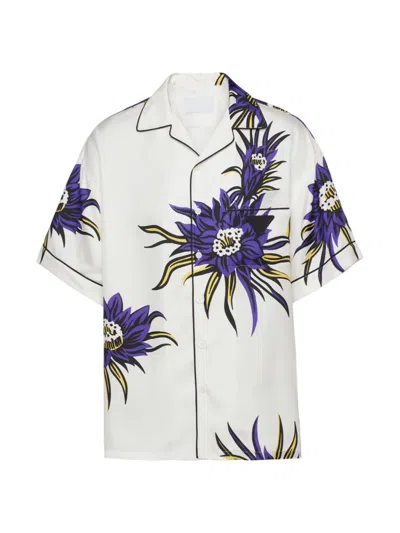Prada Short Sleeve Silk Shirt In White Purple