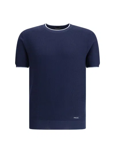Prada Men Short Sleeve Sweater In Blue