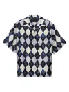 PRADA MEN'S SHORT-SLEEVED ARGYLE-PATTERN SILK TWILL SHIRT