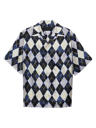 Prada Men's Short-sleeved Argyle-pattern Silk Twill Shirt In Blue