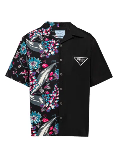 Prada Short-sleeved Cotton Shirt In Black Multi