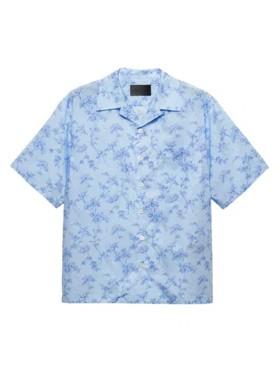 Prada Men's Short-sleeved Printed Cotton Shirt In Blue