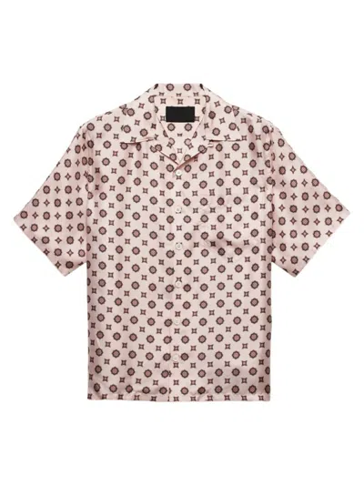 Prada Men's Short Sleeved Printed Silk Shirt In Pink