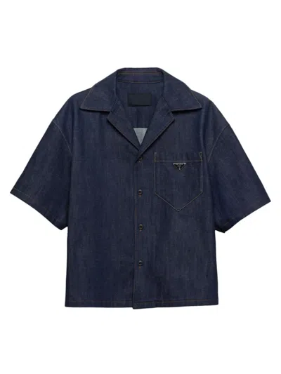 Prada Men's Short-sleeved Selvedge Denim Shirt In Blue