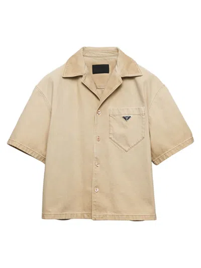 Prada Men's Short-sleeved Shirt In Worn Bull-denim In Beige Khaki