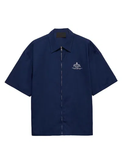 Prada Men's Short-sleeved Technical Cotton Shirt In Blue