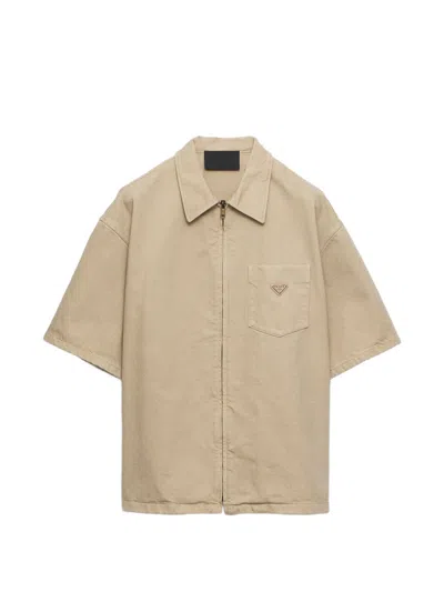 Prada Men's Short-sleeve Zip-front Overshirt In Sand