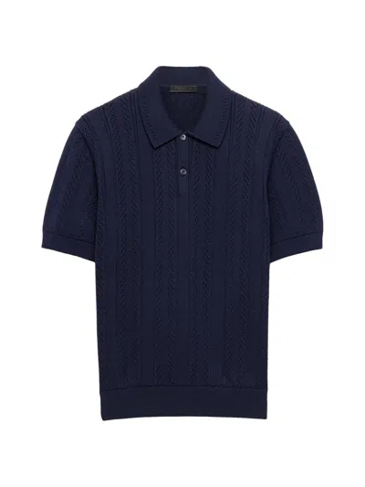 Prada Short-sleeved Openwork Cotton Polo Shirt In Blue