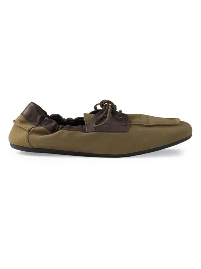 Prada Shuffle Aged Canvas And Leather Boat Shoes In Green