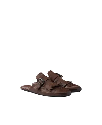 Prada Men's Shuffle Antiqued Leather Mules With Buckled Strap And Fringe In Brown