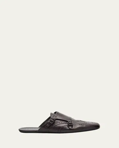 PRADA MEN'S SHUFFLE LEATHER DOUBLE-MONK STRAP MULES