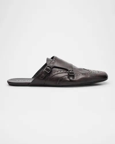 Prada Men's Shuffle Leather Double-monk Strap Mules In Brown
