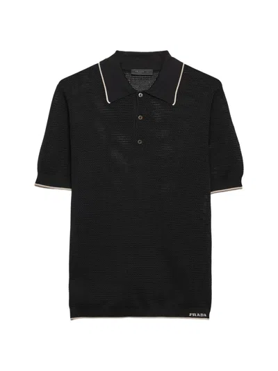 Prada Mens Black Logo-intarsia Silk-cotton Polo Shirt