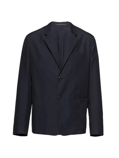 Prada Logo-patch Single-breasted Blazer In Blue