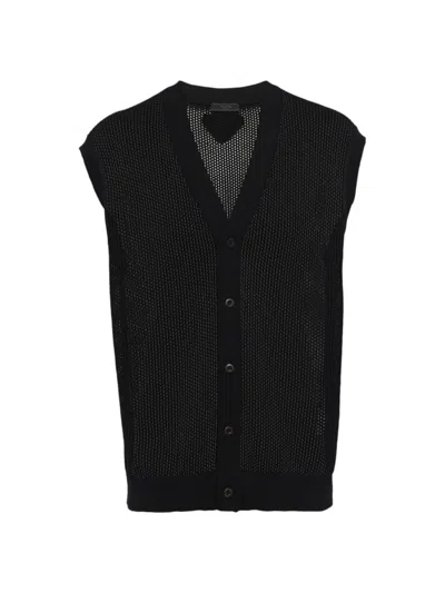 Prada Men's Sleeveless Silk And Cotton Cardigan In Black