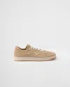 Prada Mens Neutral Downtown Logo-plaque Suede Low-top Trainers Eur 42 / 8 Uk In Ecru