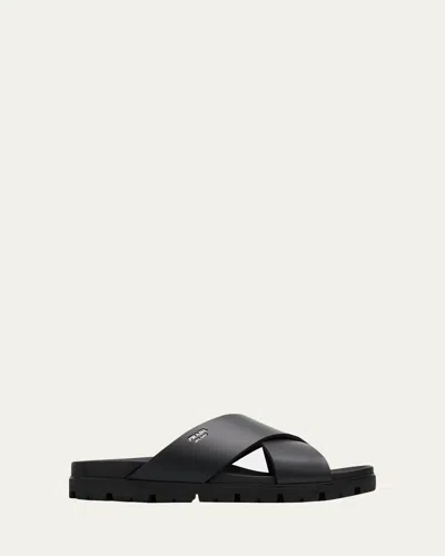 Prada Men's Soft Cage Criss-cross Rubber Slide Sandals In Black