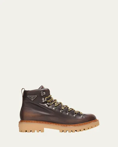 Prada Men's St. Moritz Burnished Calfskin Hiking Boots In Brown
