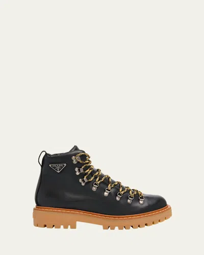 Prada Men's St Mortiz Leather Lace-up Boots In Black