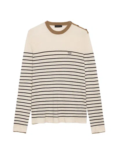 Prada Striped Knit Sweater Button Shoulder Detail In Neutral