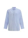 Prada Striped Mandarin Collar Shirt With Welt Pocket In Blue
