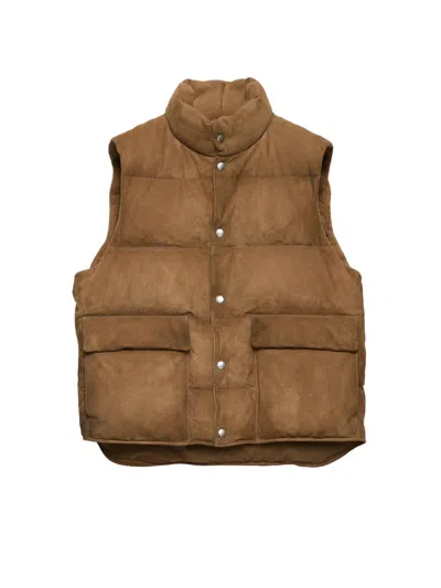 Prada Suede Sleeveless Down Jacket High Neck In Brown