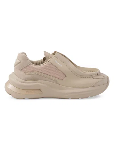 Prada Systeme Brushed Leather Sneakers With Bike Fabric And Suede Elements In Beige Khaki