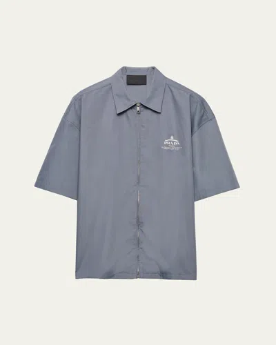 Prada Short-sleeved Technical Cotton Shirt In Fliegerblau