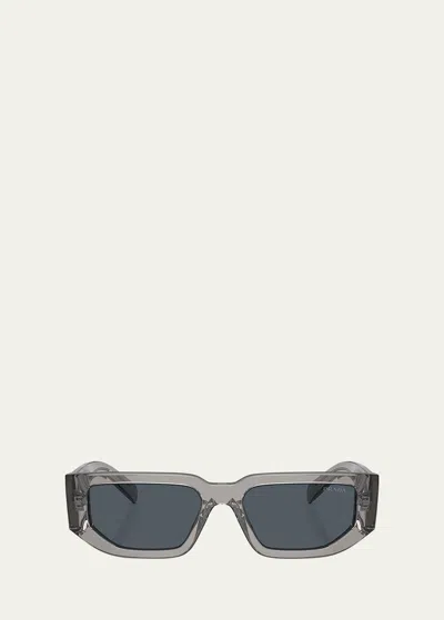 Prada Men's Triangle Logo Bicolor Rectangle Sunglasses In Grey