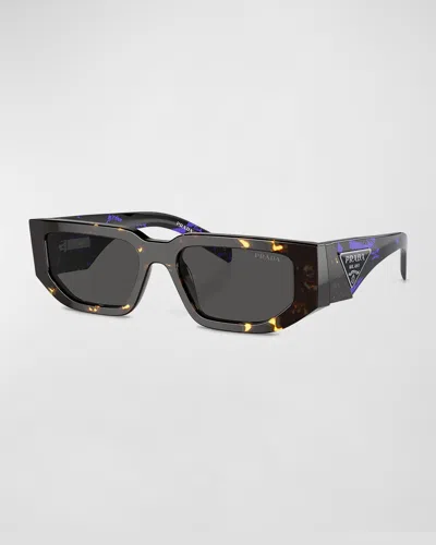 Prada Men's Triangle Logo Bicolor Rectangle Sunglasses In Net Gray