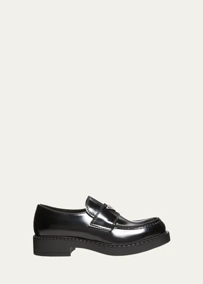 Prada Men's Triangle Logo Leather Loafers In Black