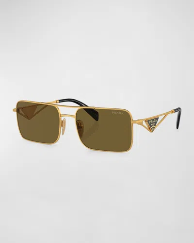 Prada Men's Triangle Logo Metal Rectangle Sunglasses In Matte Gold