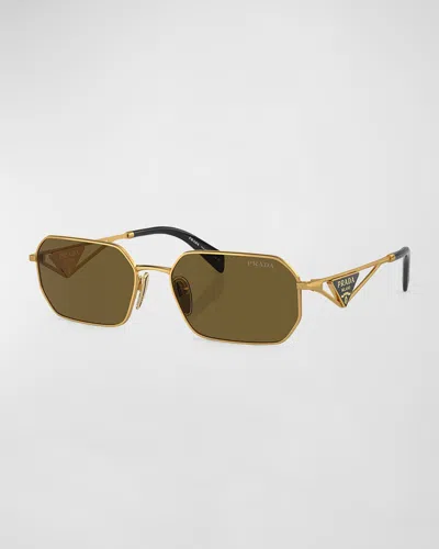 Prada Men's Triangle Logo Metal Rectangle Sunglasses In Matte Gold