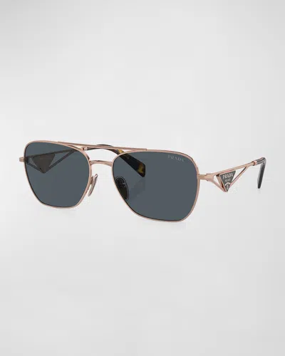 Prada Men's Triangle Logo Metal Square Sunglasses In Rose Gold
