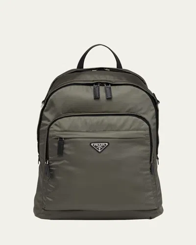 Prada Men's Triangle Logo Nylon Backpack In Gray