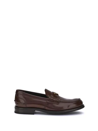 Prada Men Triangular Plaque Loafers In Brown