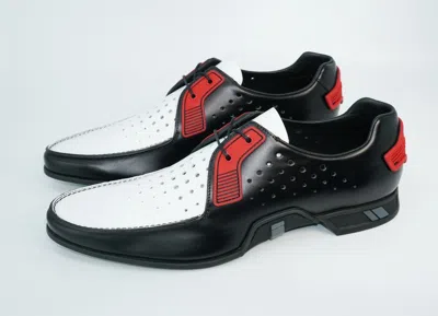 Pre-owned Prada Men's Two-tone Tech Toe Lace-up Leather Derby, Nero/white/rosso, Msrp $850 In White/black