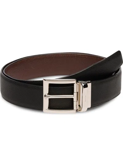 Prada Men Two-toned Saffiano Leather Reversibile Belt In Black